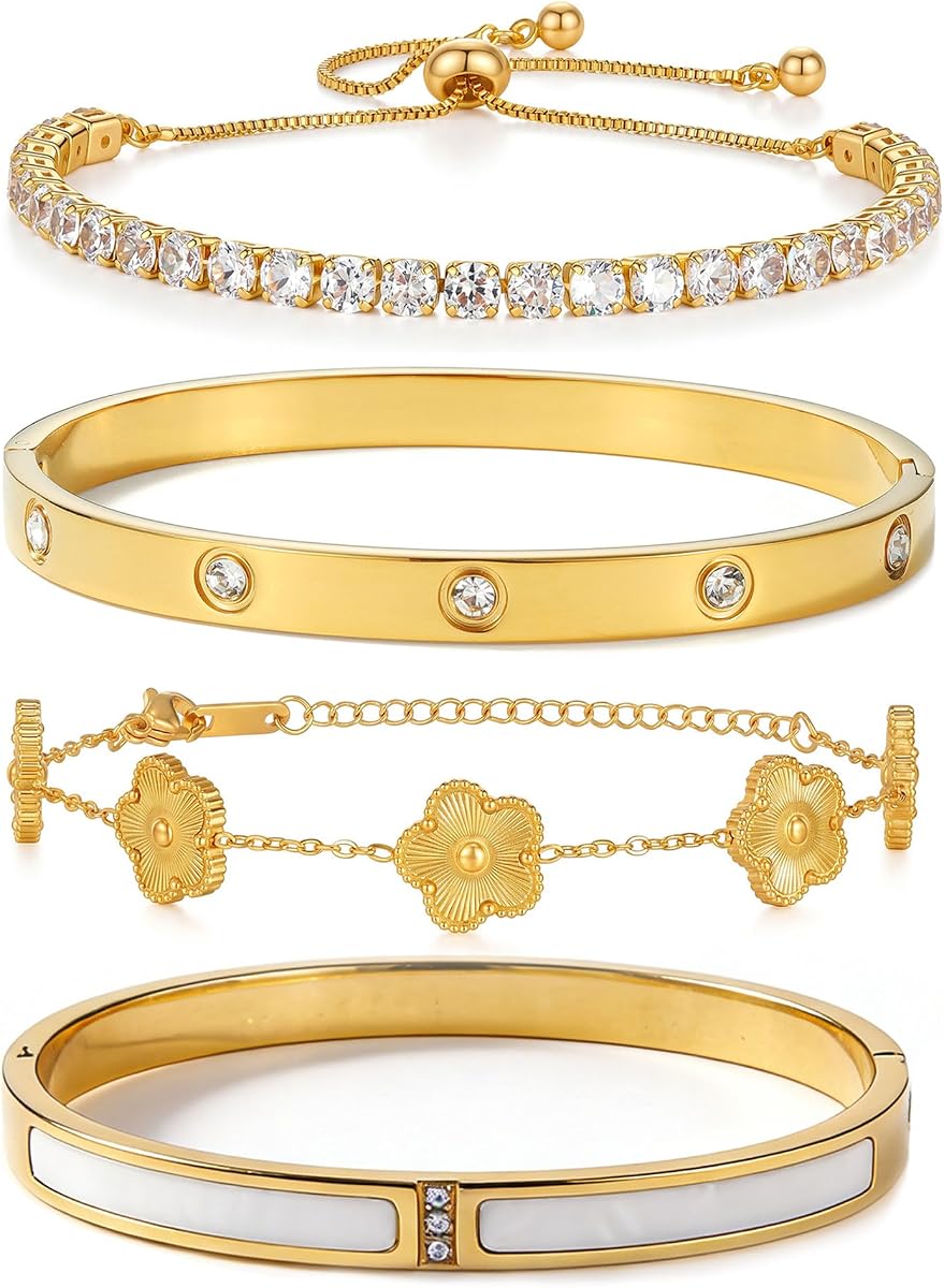 18K Gold Plated Bangle Bracelets for Women, 4Pcs Gold Bracelet Set | Gold Jewelry Set, Stainless Steel Gold Bangles, Five Leaf Clover, Stack, Daily Wear, Jewelry Gift Box & Gift Bag