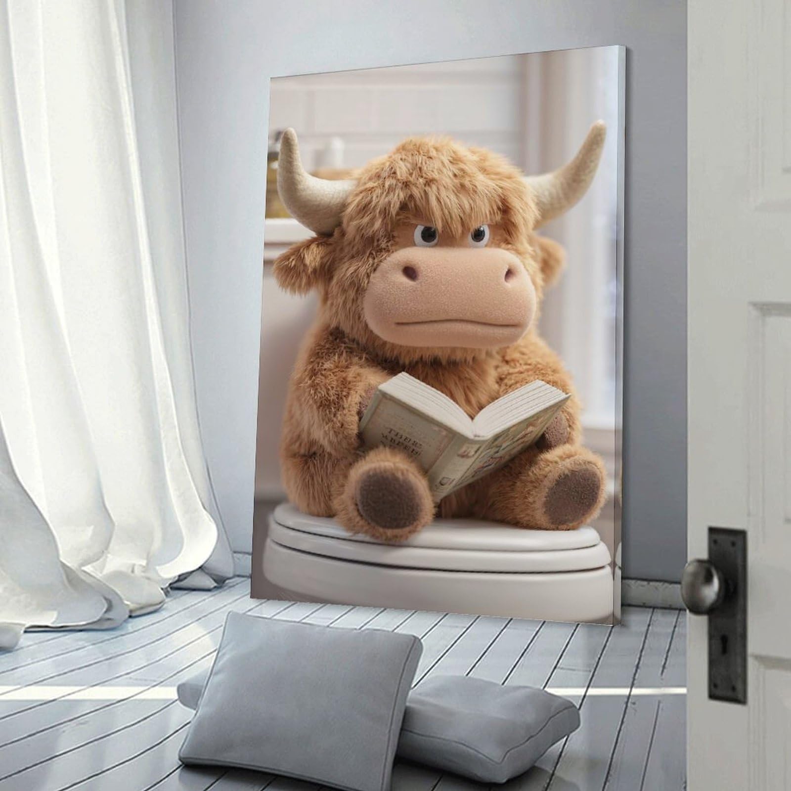 Junmoney Canvas Wall Picture Stuffed Highland Cow Reading on Toilet, 24x36inch(60x90cm), for Sofa Walls, Lounge Or Home Corners, Canvas Styling for A Polished Room Look