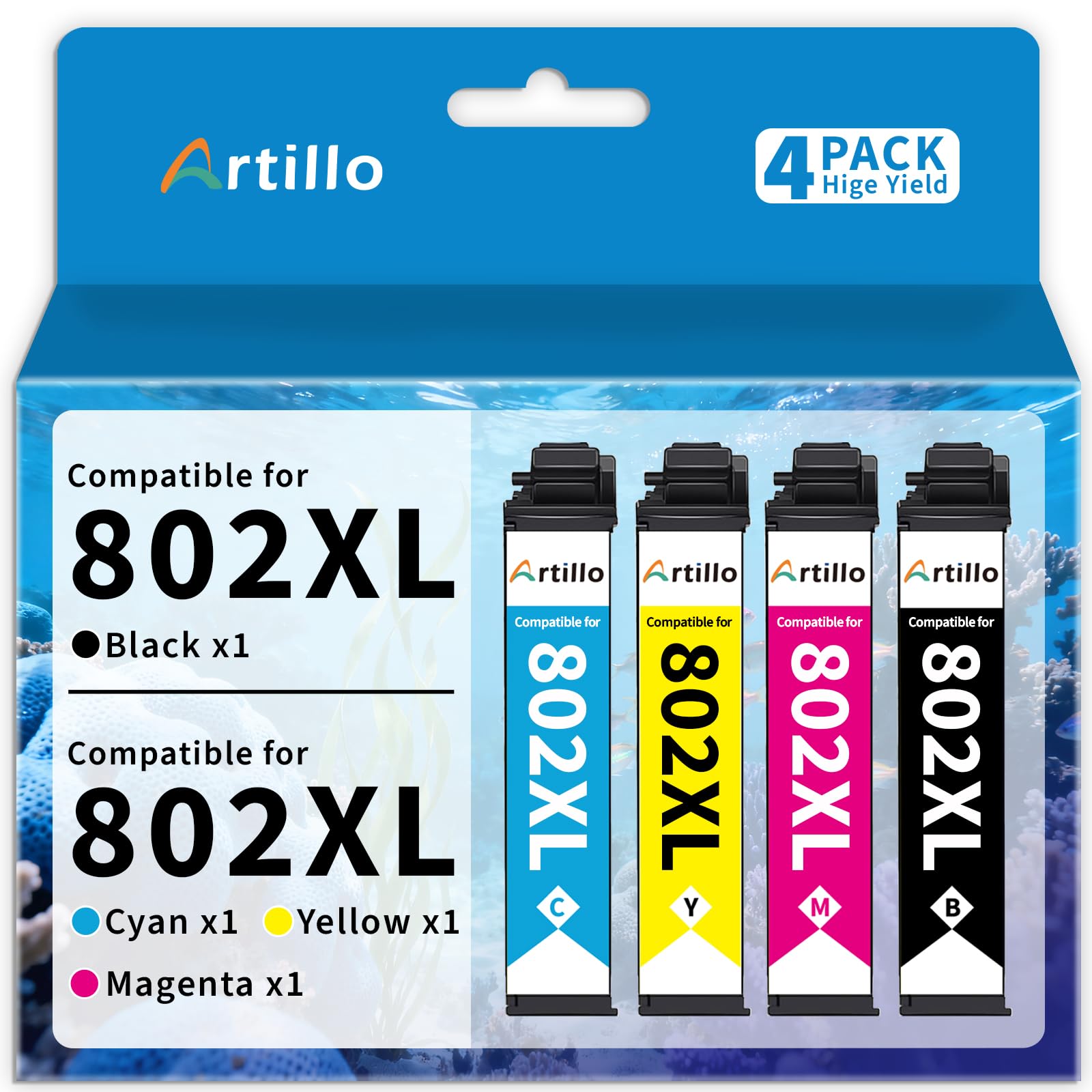 Artillo Remanufactured Ink Cartridge Replacement for Epson 802 802XL T802XL Ink Cartridges Work with Epson WF-4720 WF-4730 WF-4734 WF-4740 EC-4040 EC-