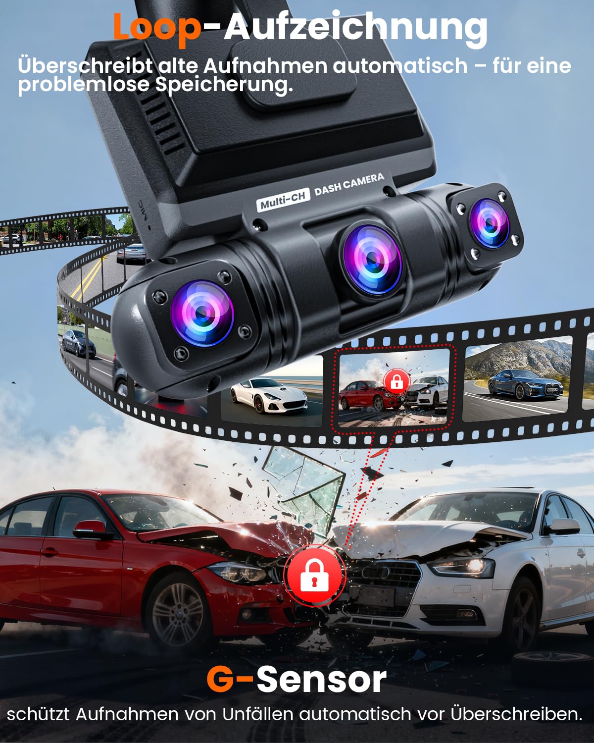 4-Kanal Wireless 2K Dashcam 360° Auto Dashcam mit Wi-Fi, G-Sensor, 8 IR-Nachtsicht-LEDs, 64GB SD-Karte