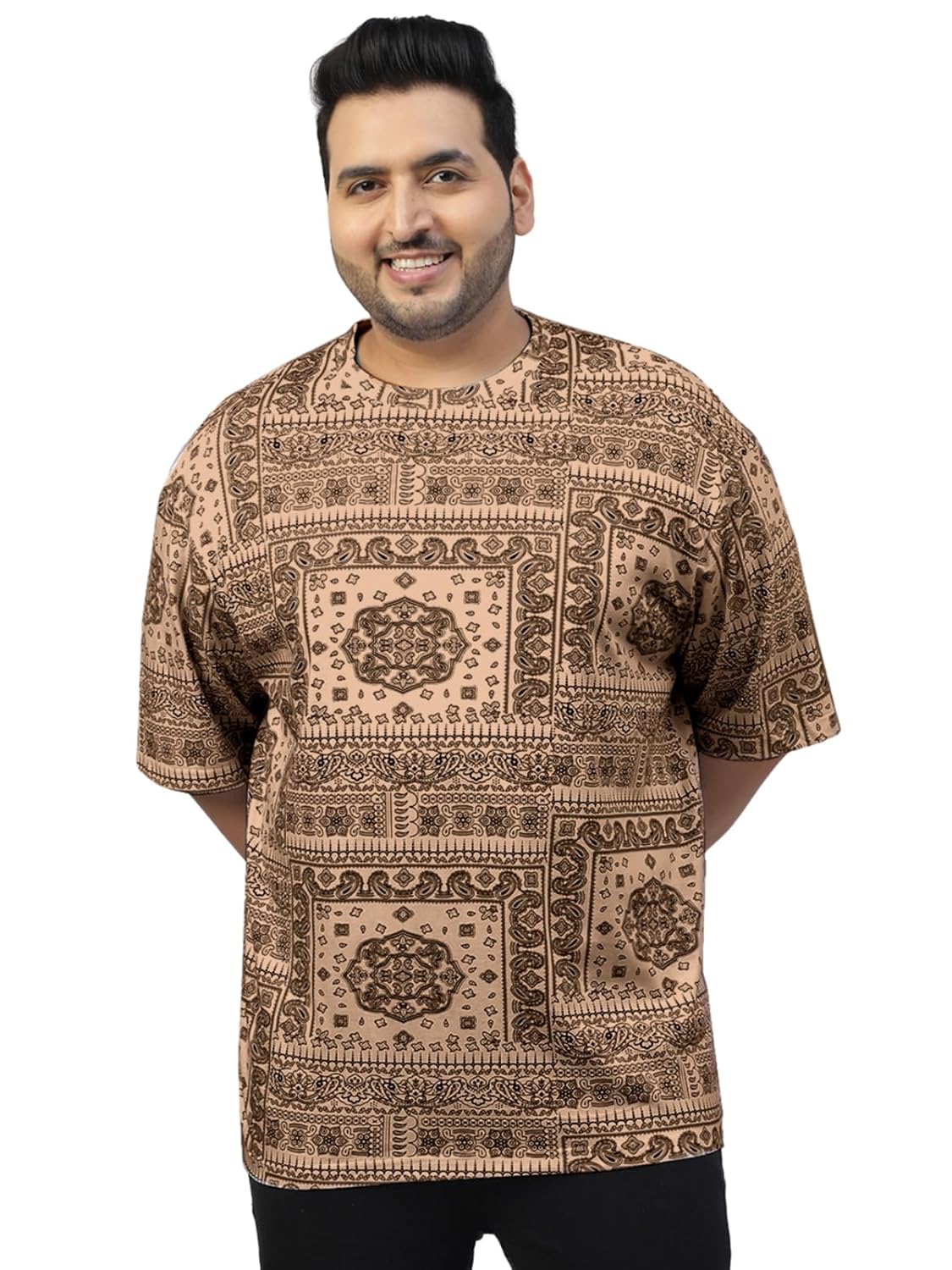 Veirdo® 100% Pure Cotton Oversized Loose Baggy Fit Drop Shoulder Paisley Printed Plus Size T-Shirt for Men (Sizes: 2XL to 5XL)