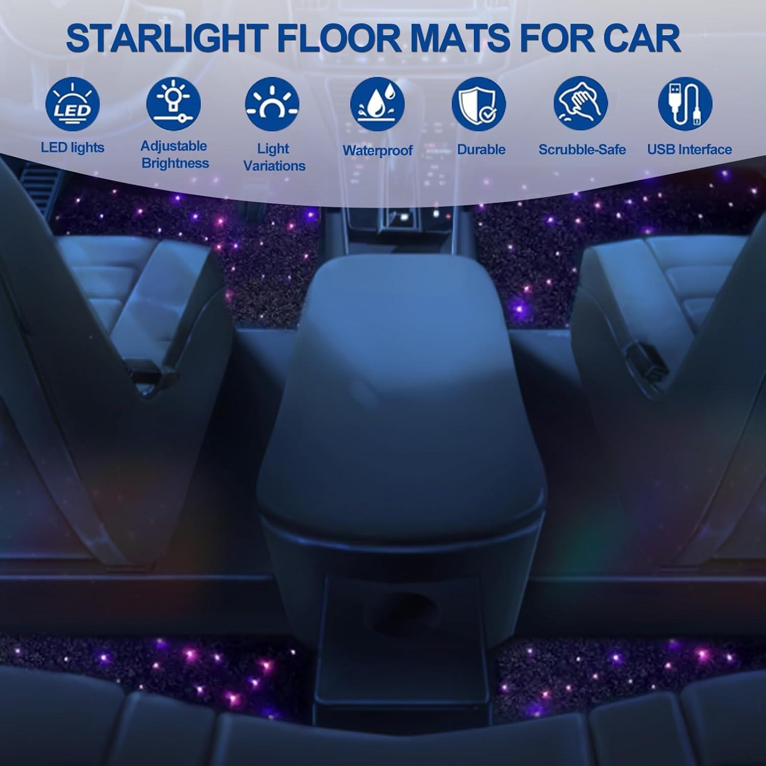 Starlight Floor Mats for Car, LED Fiber Optic Mats with App Control, Universal Fit - Waterproof Washable, Full Set Shiny Starry Sky Non-Slip Car Mat - USB Cable