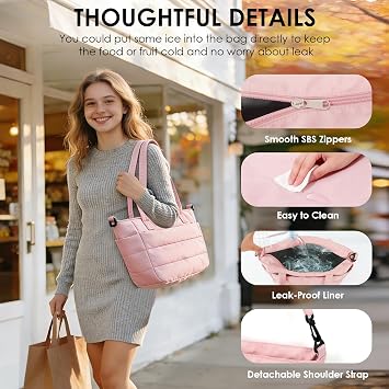 Wdmiya Insulated Lunch Bag for Women, Quilted Lightweight Puffer Tote Bag with Lunch Compartment & Cup Holder, Soft Reusable Lunch Box for Adults Work, Travel, Camping, Picnic, Outdoor, Pink