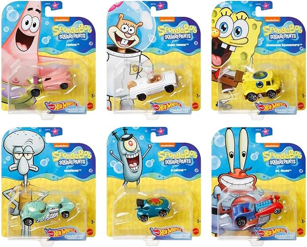 Paquete de 6 Coches de Personajes de Bob Esponja Cuadrado Underwater Wheels Spongebob Character Squarepants + Furgoneta de Burbujas Amarilla de Bob Esponja / Estrella de Mar Patrick / Calamar / Señor Cangrejo / Plankton / Sandy Cheeks Racer Die-Cast 6 Artículos Paquete
