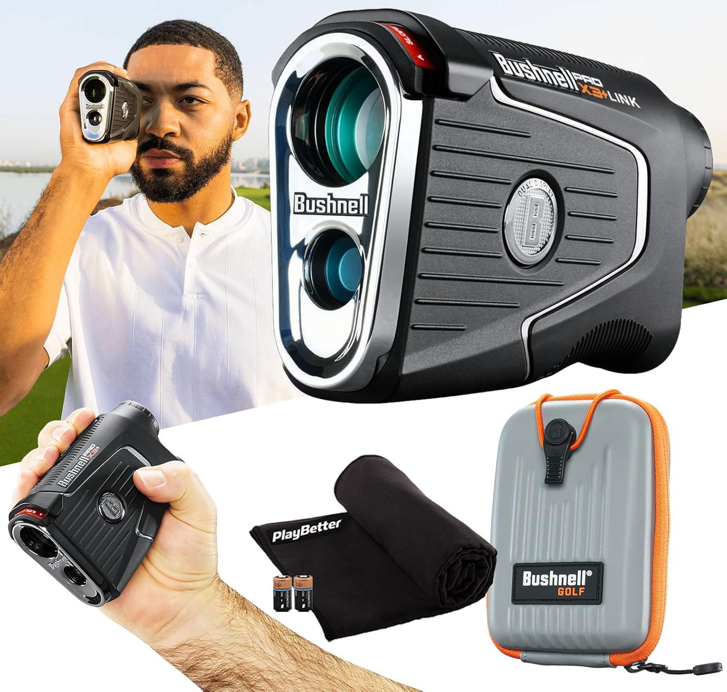 Bushnell Pro X3+ Link Golf Laser Rangefinder Bundle - Wind Speed & Direction, Slope-Switch, BITE Magnetic Cart Mount with Premium Carrying Case, PlayBetter Microfiber Towel & Extra Battery