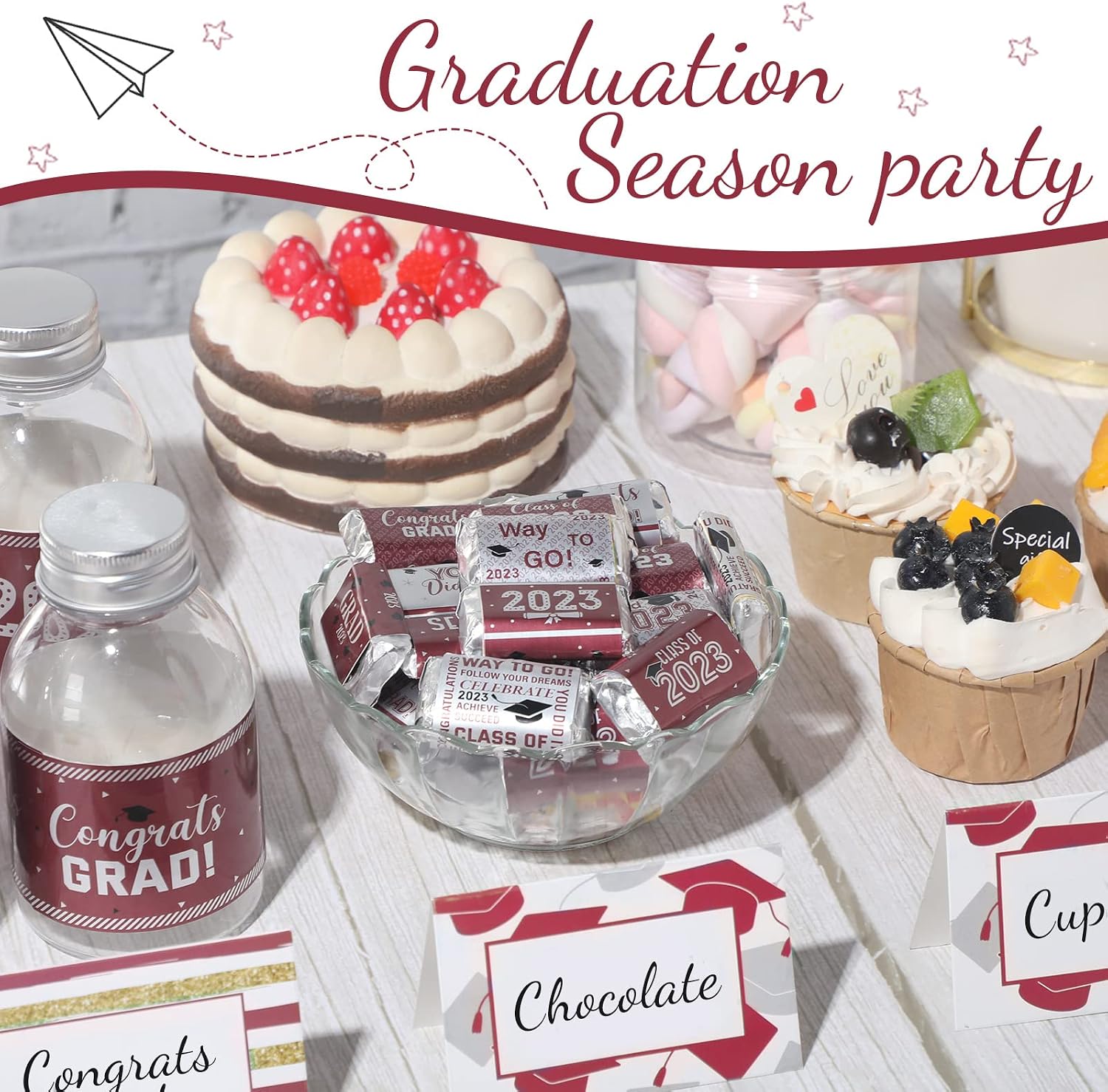 Graduation Decoration Label Sticker Congrats Mini Candy Bar Wrapper Class of Party Supplies for High School College Nursing Grad Celebration, Candy Not Included (Maroon and White 2023, 90 Pcs)