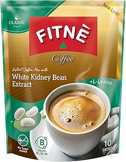 FITNE Instant 3 In 1 Coffee Packets Mix With White Kidney Bean Extract L-Lysine Vitamin B1 B2 B6 Smooth Blend No Sugar Sucralose Sweetener, 10 Sachets