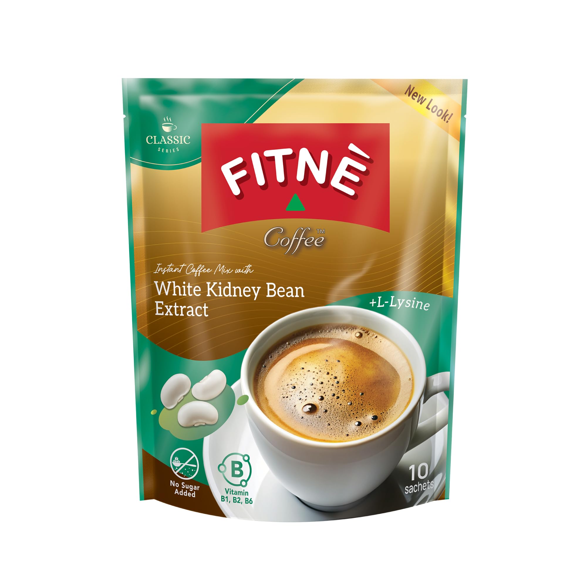 FITNE Instant 3 In 1 Coffee Packets Mix With White Kidney Bean Extract L-Lysine Vitamin B1 B2 B6 Smooth Blend No Sugar Sucralose Sweetener, 10 Sachets