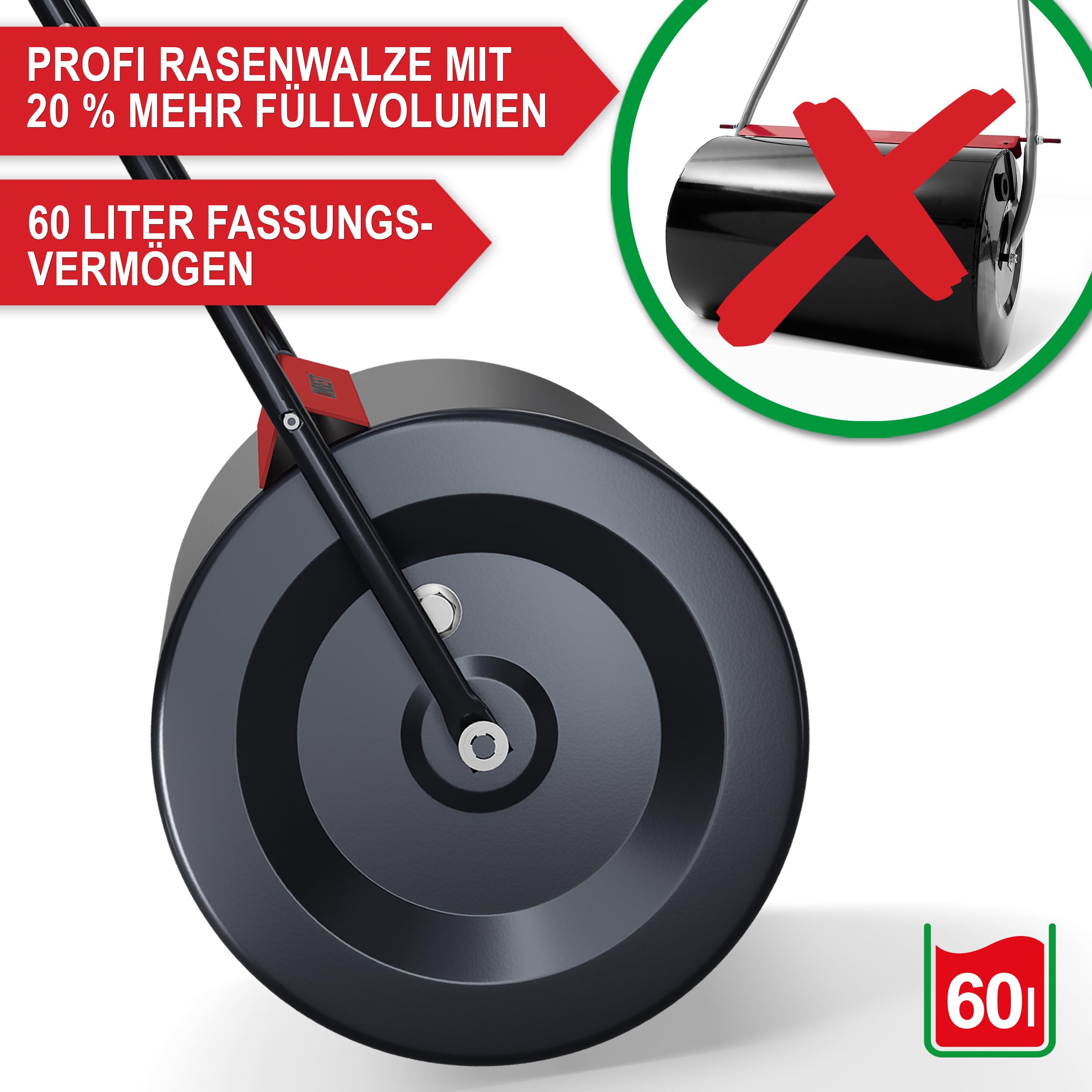 ONBEST Profi Rasenwalze – 60 Liter – befüllbar mit Sand oder Wasser – Walze aus robustem Stahl – inkl. Premium Ablassschraube & Schmutzabweiser – perfekt fürs Rasen sähen