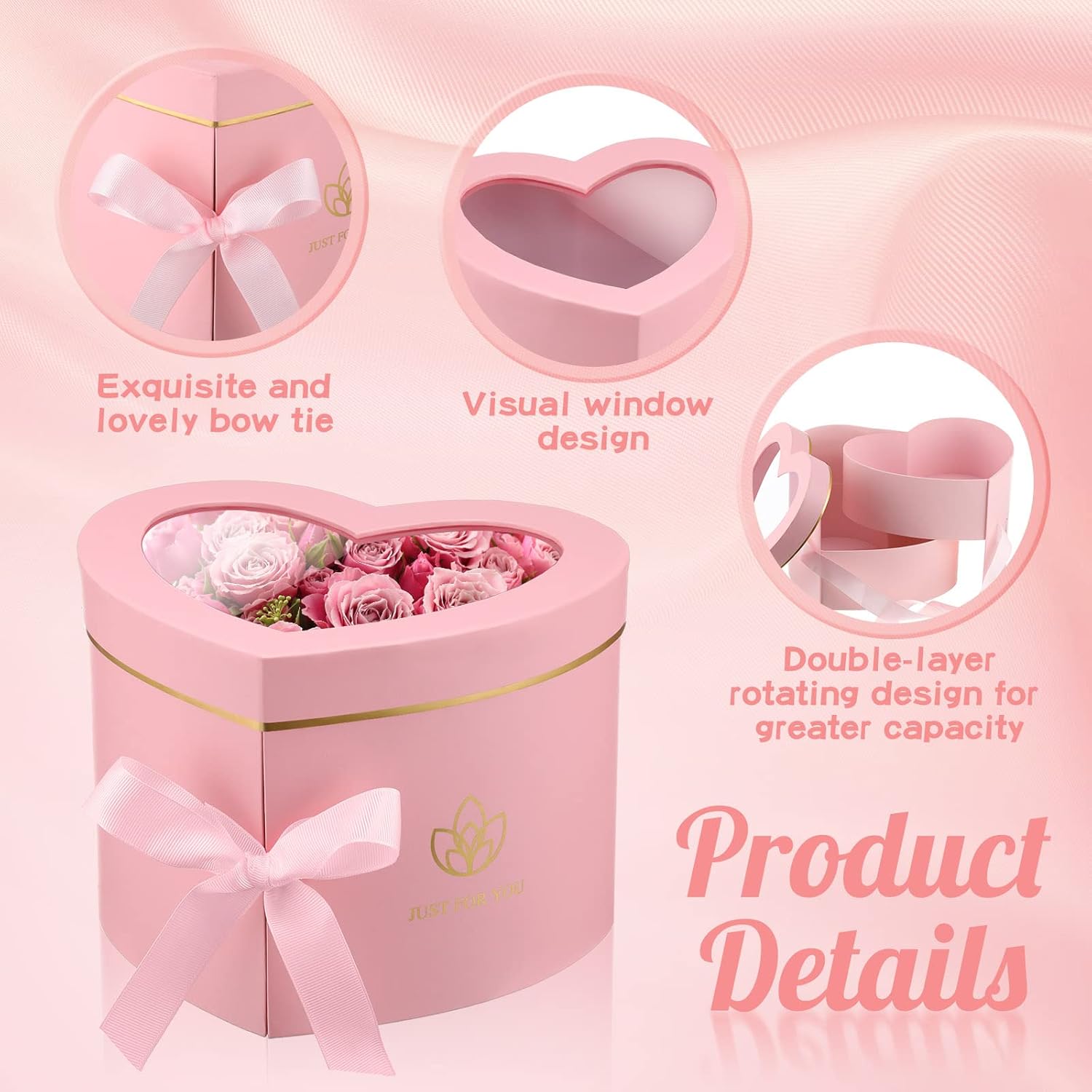 Nuanchu 2 Pcs Valentine‘s Day Heart Shaped Flower Box with Transparent Window Paper Floral Boxes with Lids Ribbons Double Layers Rotating Gift Box for Arrangements, 9.1 x 7.9 x 6.5 Inch(Pink) - Image 3