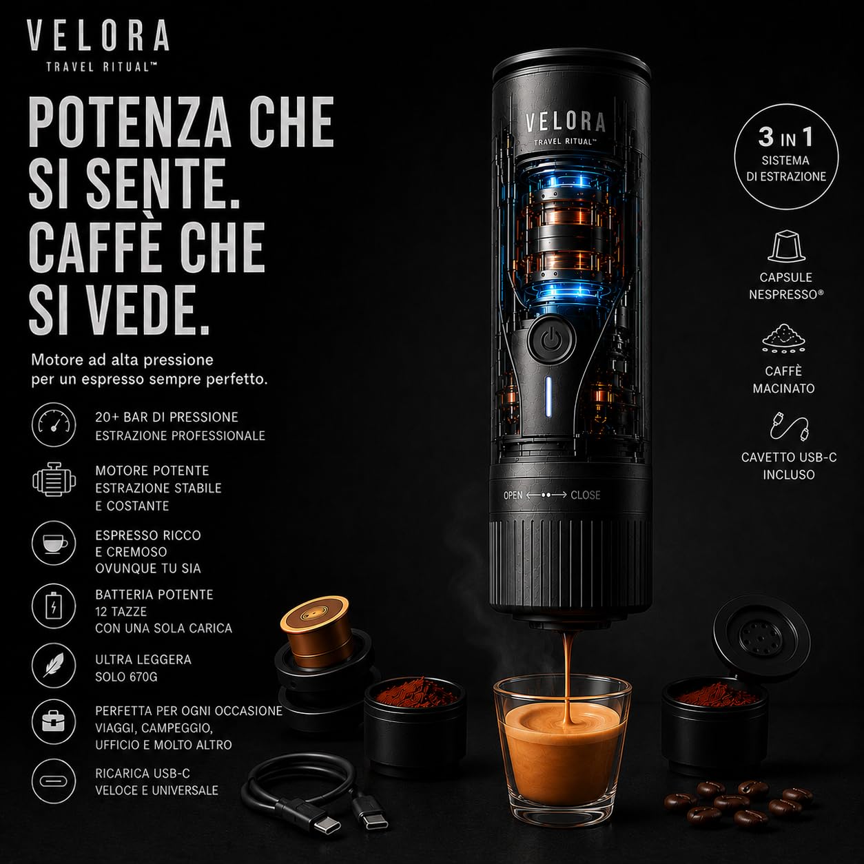 Generico VeloraTravelRitual Macchina Caffè Portatile – Espresso Ovunque, Compatibile Capsule e Macinato, Ricarica USB, Ideale per Auto, Viaggi, Camper e Outdoor