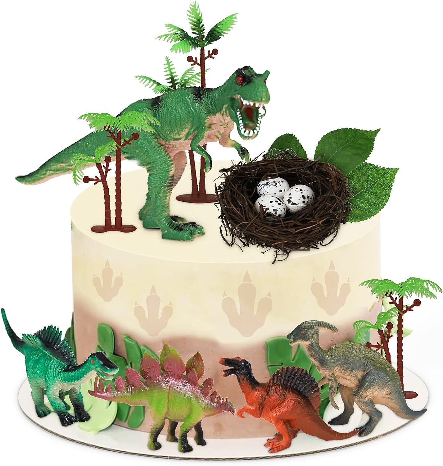 Morofme Dinosaur Cake Toppers - 18pcs Dino Cake Cupcake Topper with Mini Dinosaur Figures, Egg, Leaf, Tree for Dino Roar Theme Birthday or Baby Shower Party Supplies