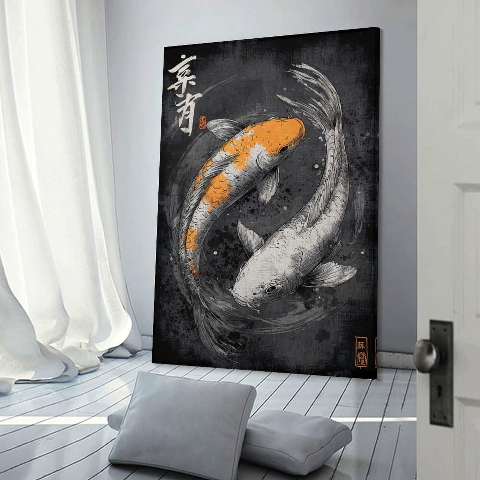 Junmoney Frame-Style-18 Koi Fish Yin Yang Illustration Decorative Canvas Print, 24X36inch(60X90cm), For Living Room, Bedroom Or Home Office, Canvas Artwork With Gifting Potential
