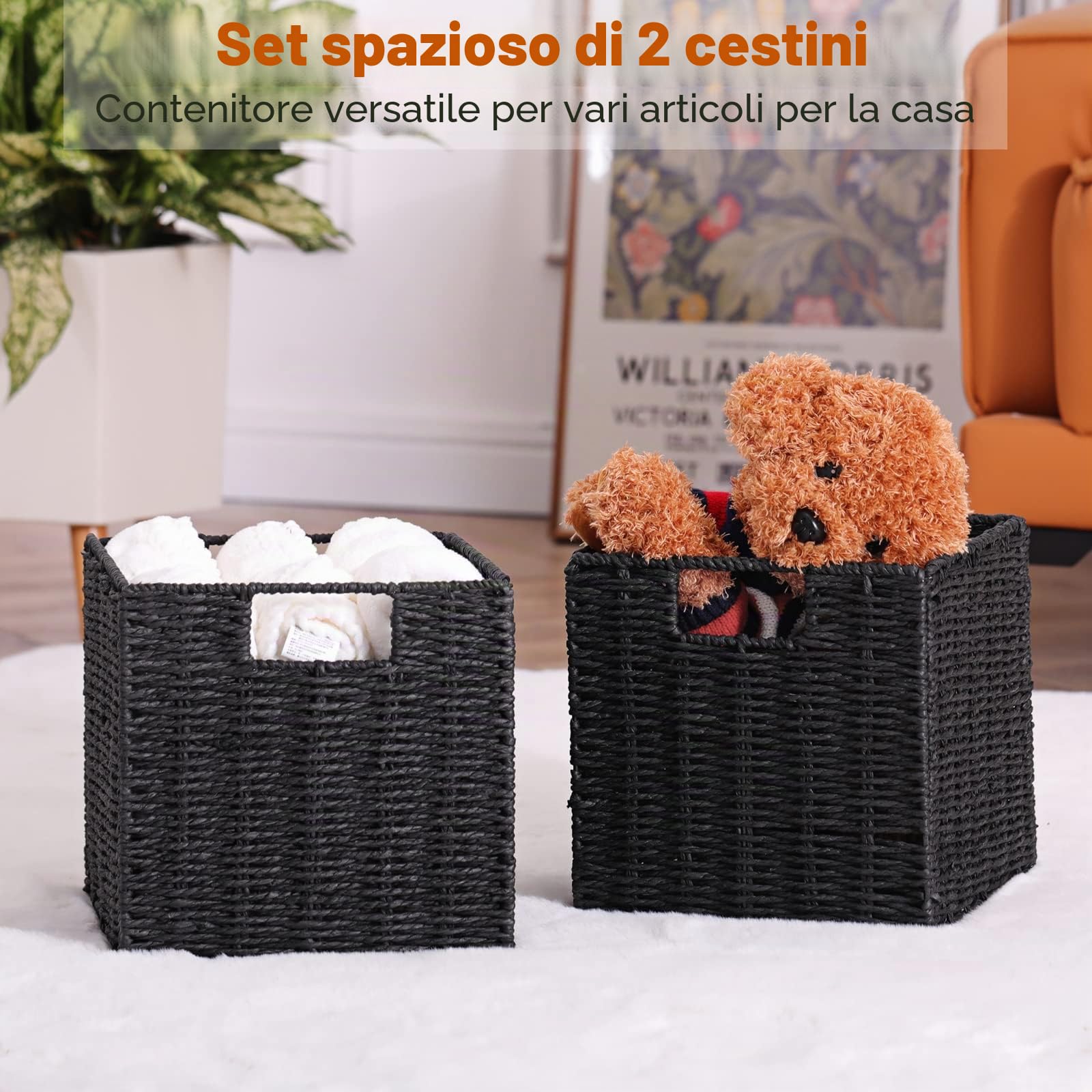 Vagusicc Set di 2 cestini in vimini intrecciati per mensole, pieghevoli, cubi con manici, piccoli cestini portaoggetti da 22,9 cm, per organizzare dispensa camera da letto, nero