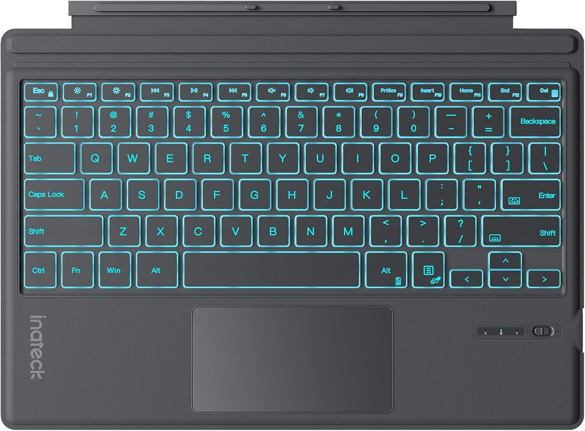Inateck Keyboard for Surface Pro, Trackpad, Backlit | For Surface Pro 7/7+/6/5/4, Bluetooth 5.3, 7-Color Backlight, Gray