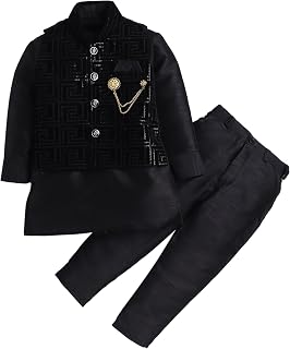 AHHAAAA Boy's Velvet 3 Piece Indo-Western Set|Kids Sequin Embellished Work Waistcoat,Velvet Sherwani Set|Ideal for any Fes... Price In India