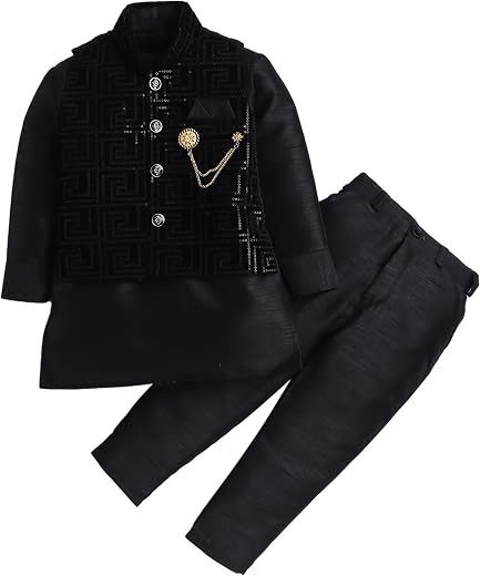 AHHAAAA Boy's Velvet 3 Piece Indo-Western Set|Kids Sequin Embellished Work Waistcoat,Velvet Sherwani Set|Ideal for any Fes...