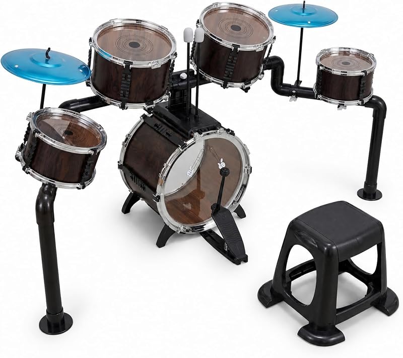 Batería para niños de 3 años o más, batería de jazz con textura de madera de 5 piezas con taburete y 2 platillos, soportes ajustables, instrumentos musicales, juguetes, regalos educativos de cumpleaños para niños y niñas de 3, 4, 5 y 6 años