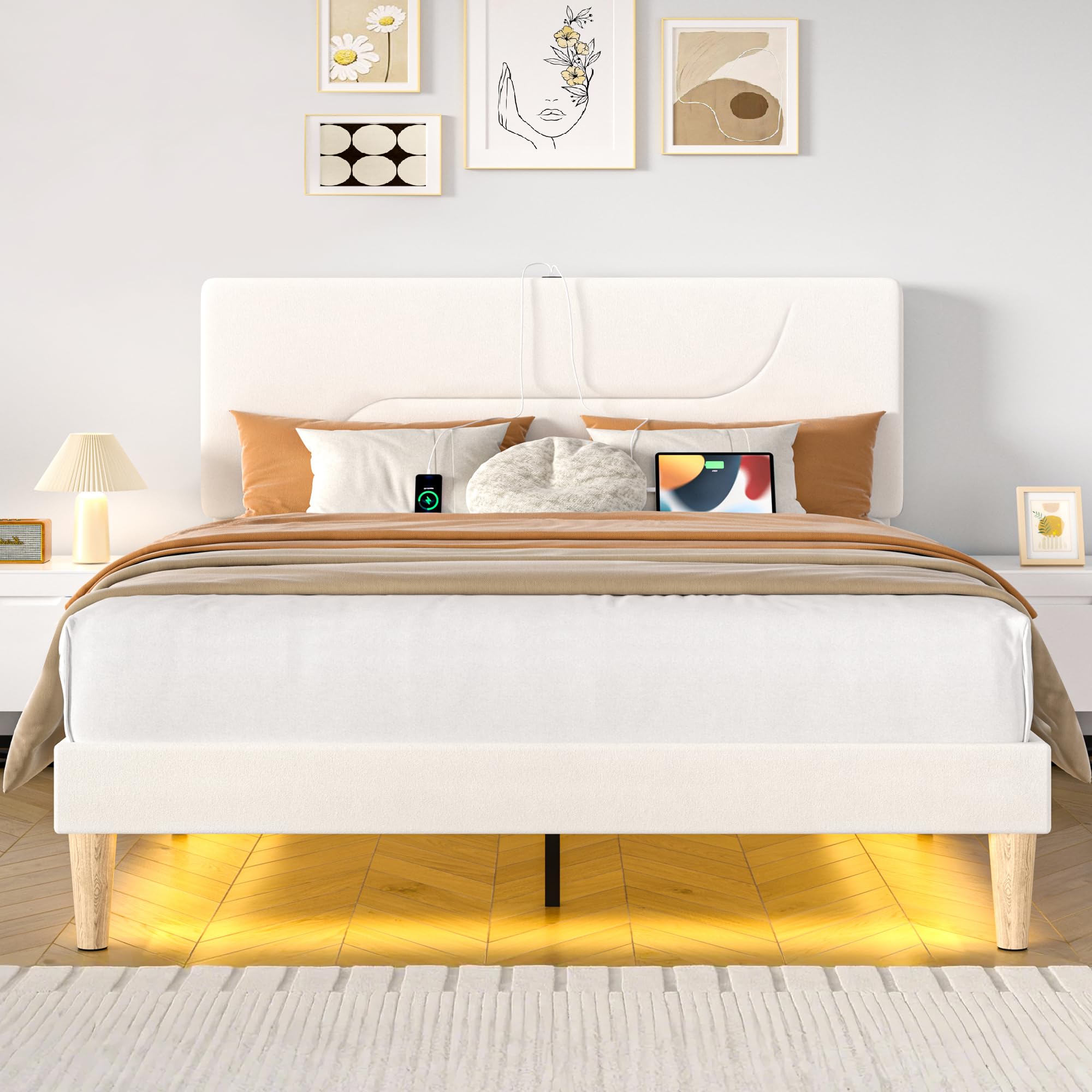 VECELO Full Size Bed Frame with LED Lights, Upholstered Velvet Headboard with Charging Station, Metal and Wood Slats, No Box Spring Needed, Noise Free, Beige