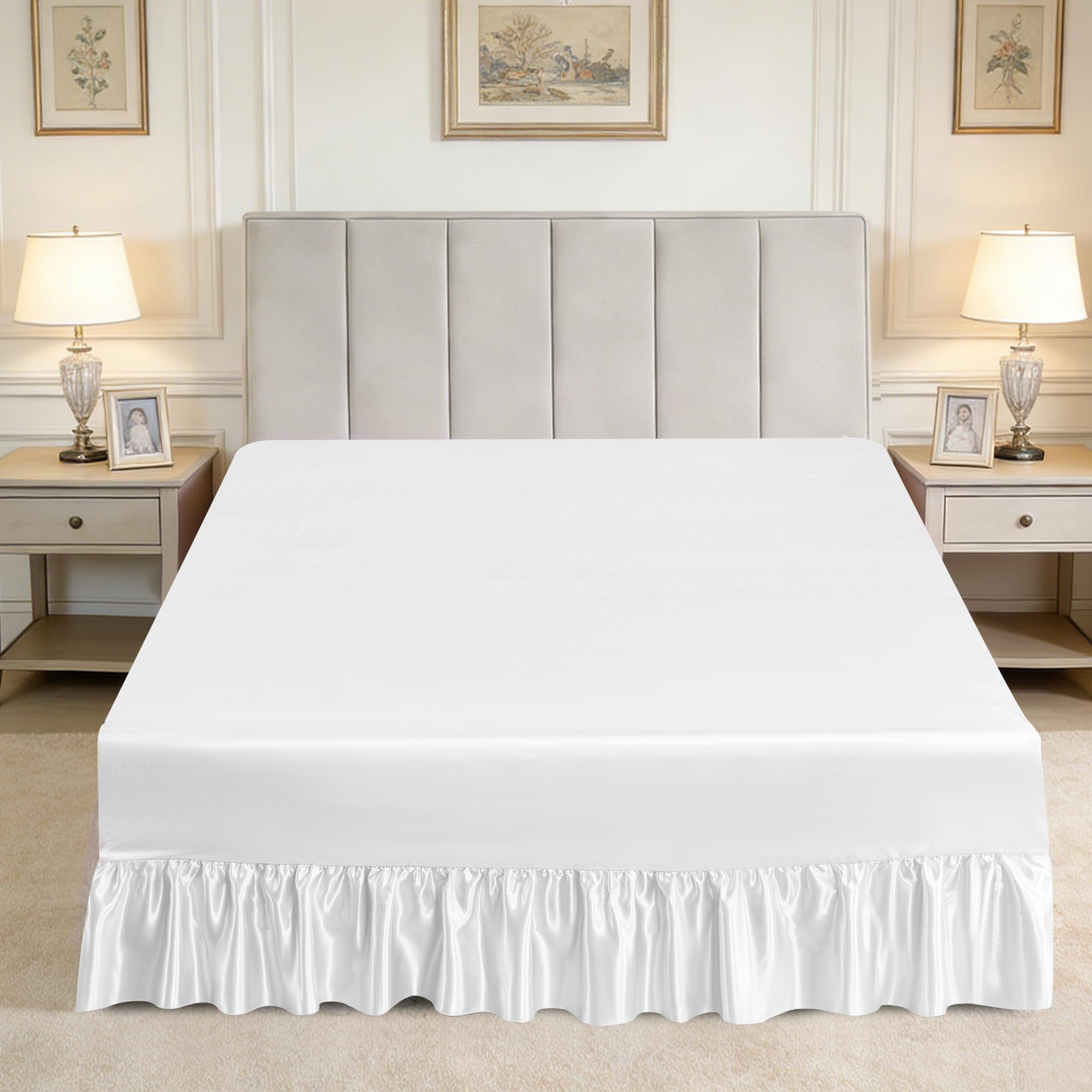 Satin Valance Sheet for Divan Base – Smooth Luxury Satin Fitted Sheet with 30cm Box & Bed Skirt with 35cm Drop Soft Easy Care Silky Bedding for UK Beds (White, Single)