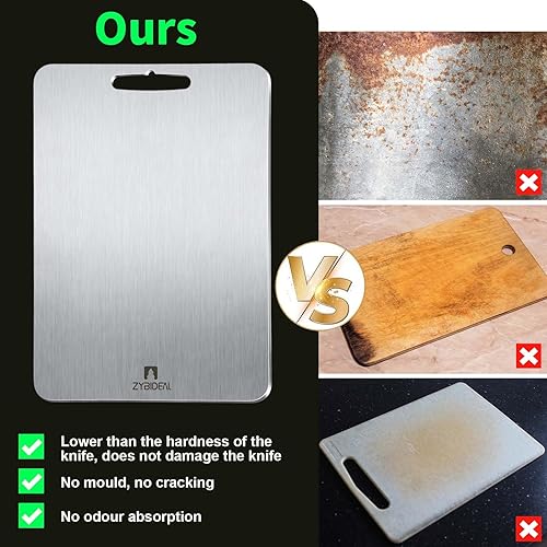 Miniatura 6 de ZYBIDEAL Tabla de cortar de titanio puro, tablas de cortar de acero inoxidable para cocina, cortar de doble cara de grado alimenticio para carne,