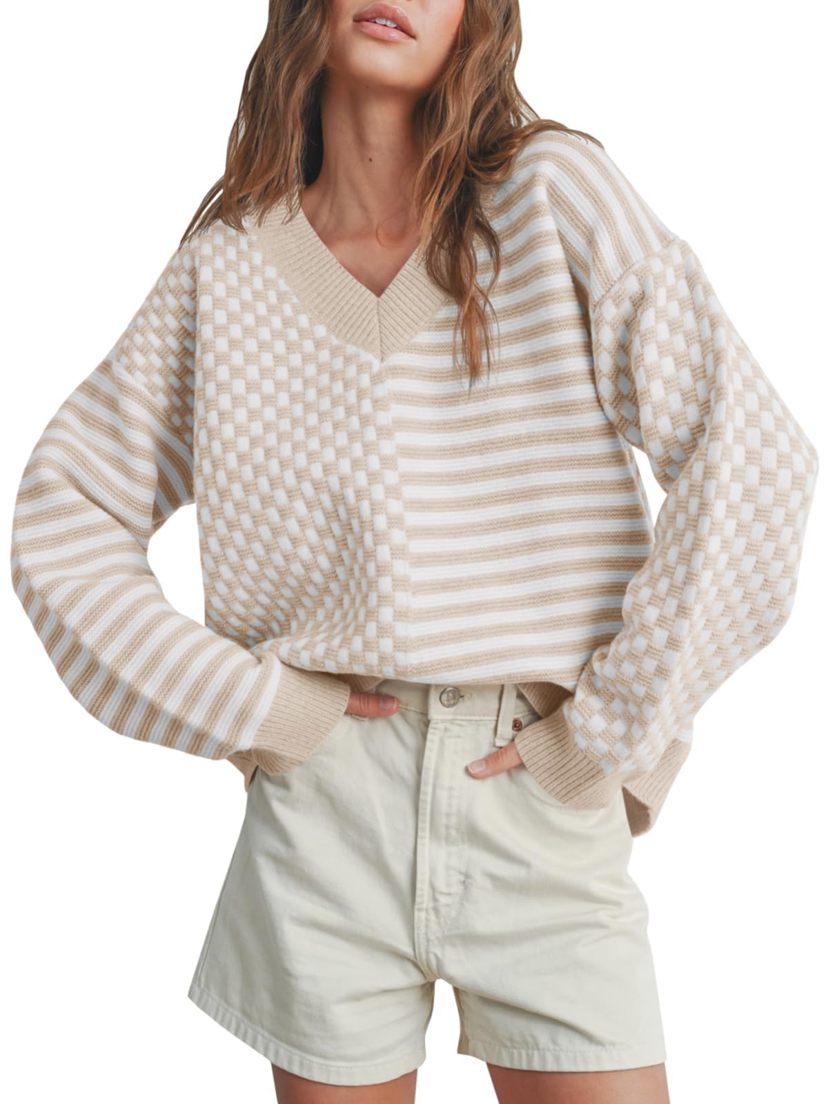 SaodimallsuWomen's Knitted Jumper Oversize V-Neck Jumper Striped Checked Fashion Autumn Winter Sweater