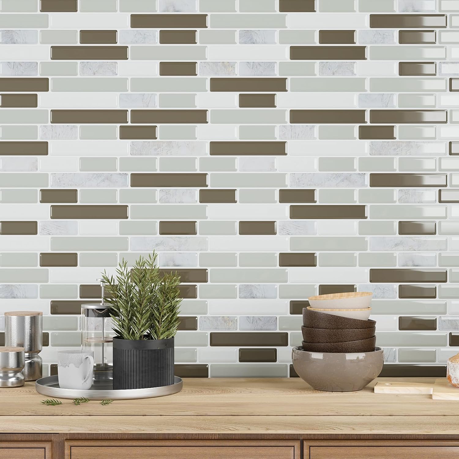 VEELIKE Mosaic Peel and Stick Backsplash for Kitchen Brown Green Peel and Stick Tiles Backsplash 12 Sheets Self Adhesive Back Splash Wall Tile Stickers for Bathroom Laundry Room Renters 12''x12''