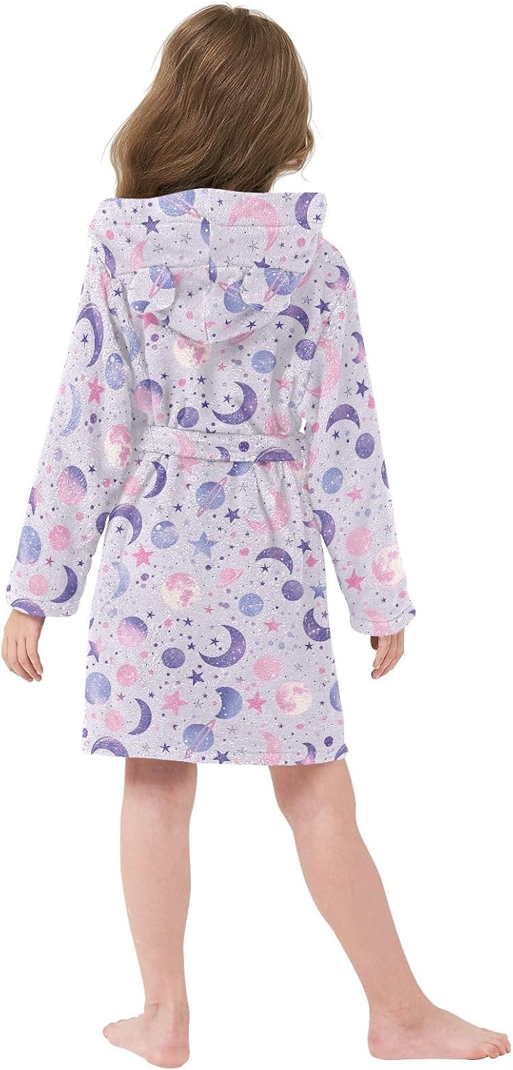 Bright Purple Moon Toddler Hooded Bathrobe for Boys Girls Soft Plush Bath Towel Robe 2-12 Years