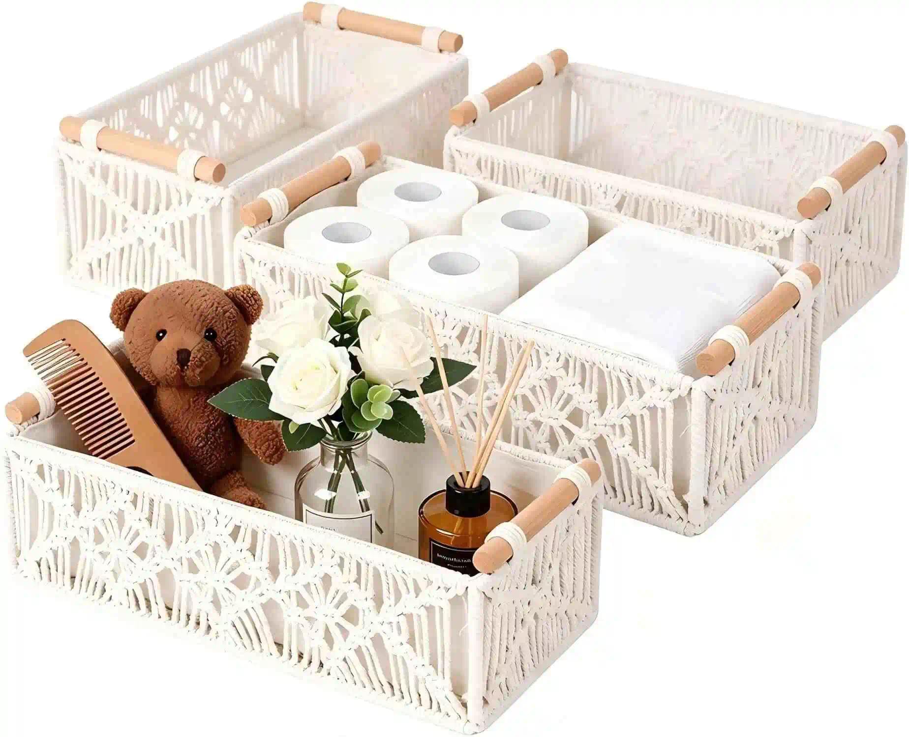 Cestini Portaoggetti In Macramè Set Di 4, Cestini Intrecciati Stile Boho | Manici In Legno E Rivestimento In Tessuto, Contenitori Decorativi Per Bagno Camera Armadio Casa
