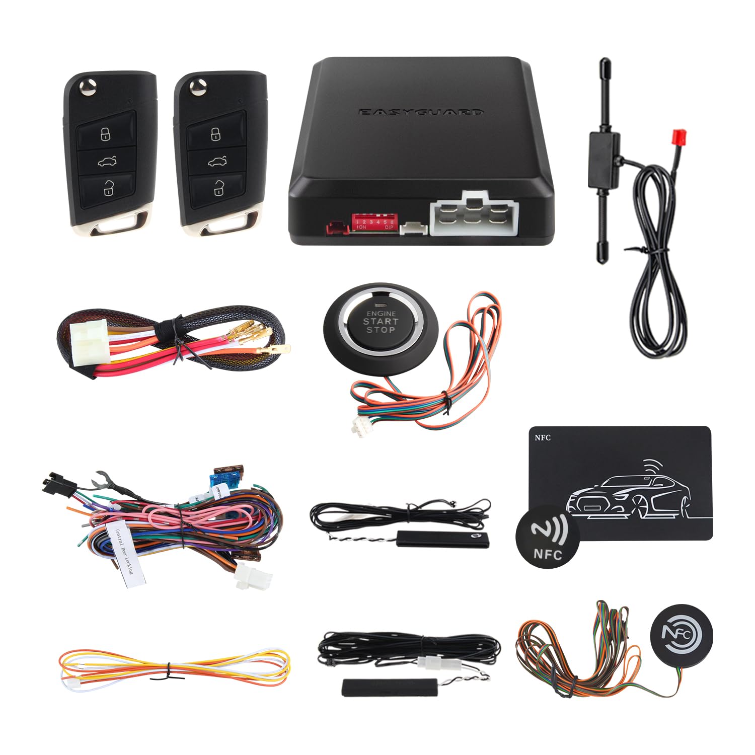 Easyguard EC002-VG Smart Key RFID Car Alarm System Passive Keyless Entry Remote Starter Push Button Start Keyless Go & NFC Pad Lock Unlock Hopping Code