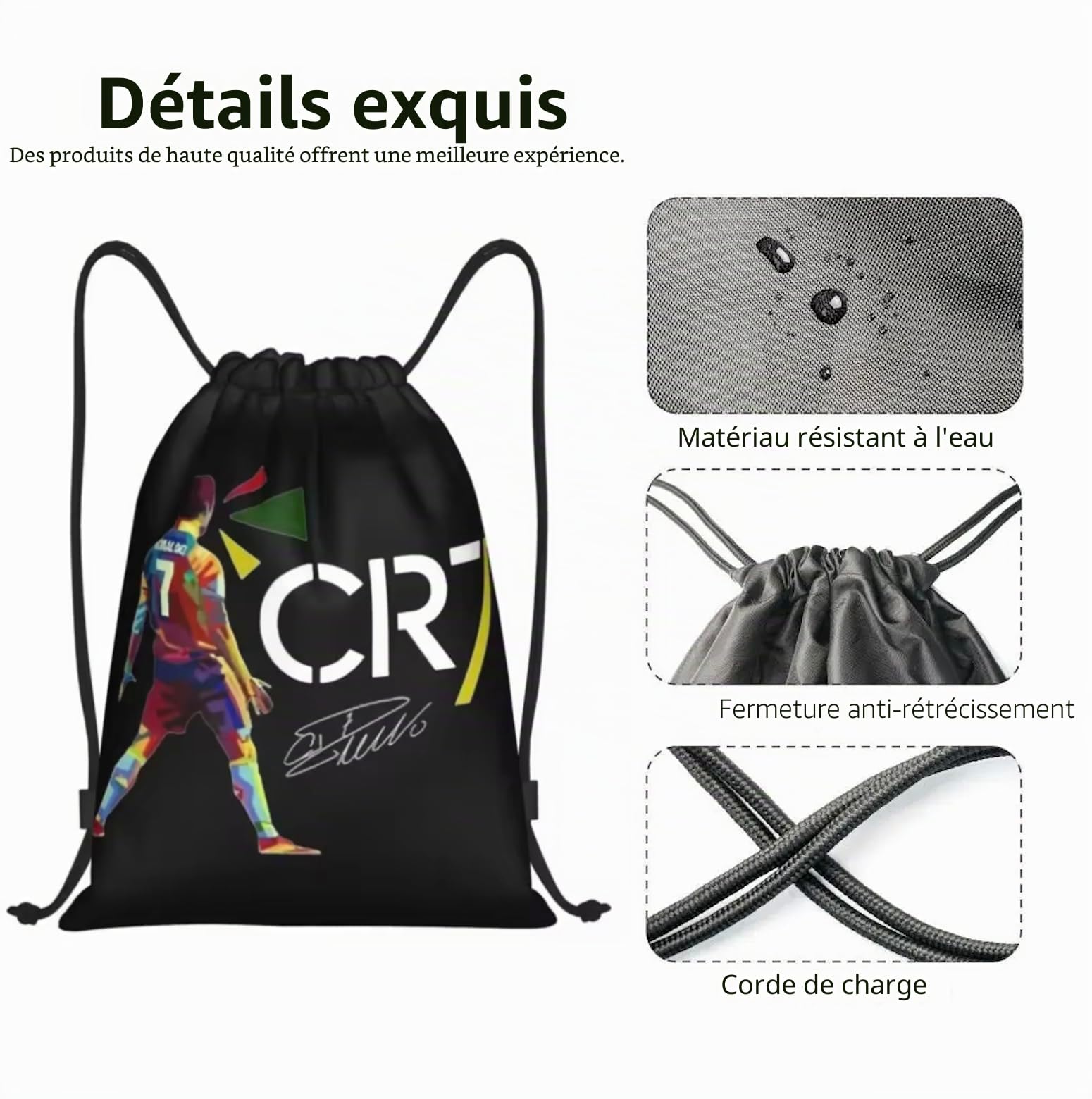 EZB Football Legend Ronaldo CR7 Sac 36 x 30 cm | Dos | Multi-usage : kits de sport, polyéthylène, gym, déjeuner, vacances, plage, sac à pompe de football