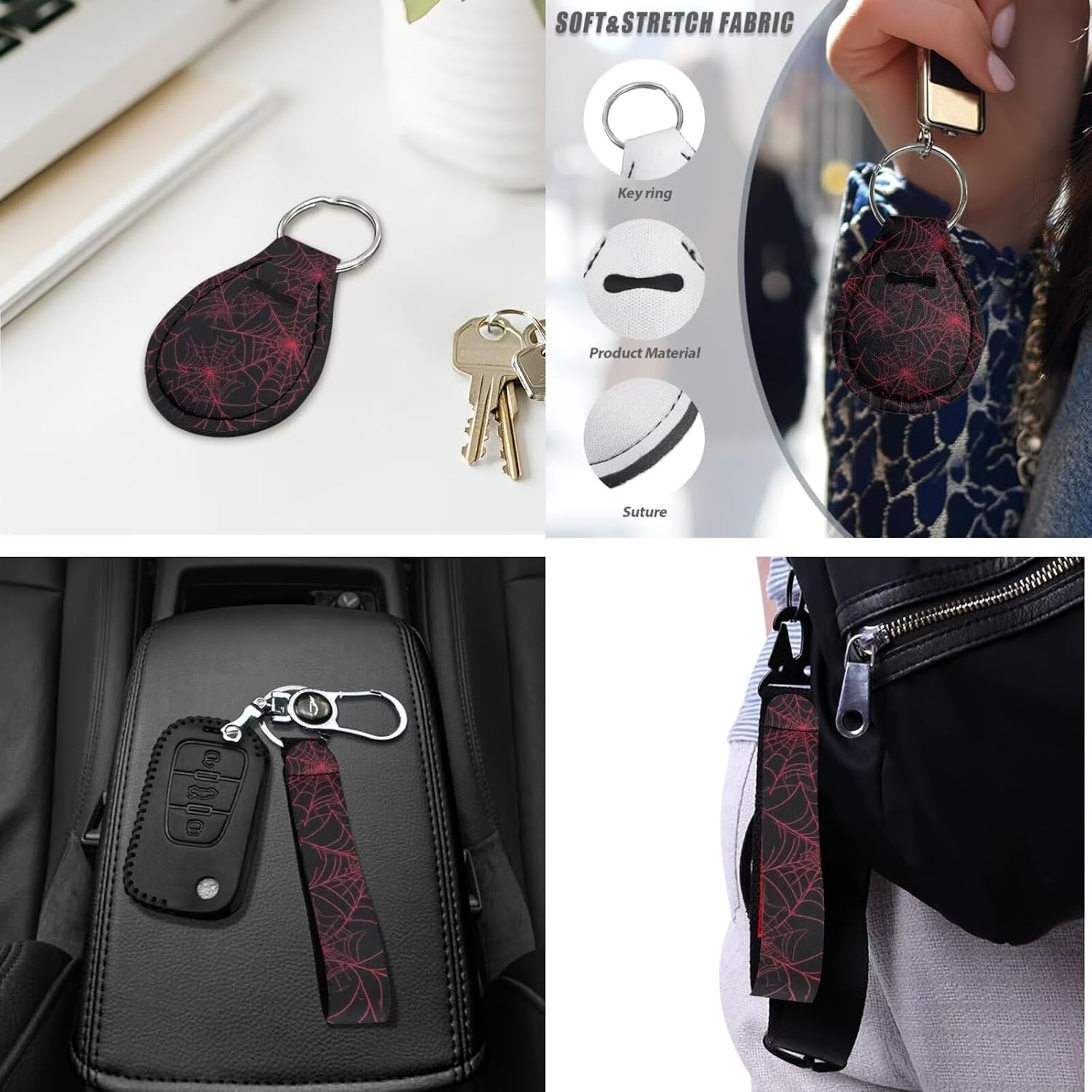 Red Spider Web Car Seat Covers with Steering Wheel Cover,Car Sun Shade,Center Cushion,Seat Belt Covers Cup Holder with Keychain,Automotive Set Unverisal Fit Most Cars SUV Turcks,16 Pack