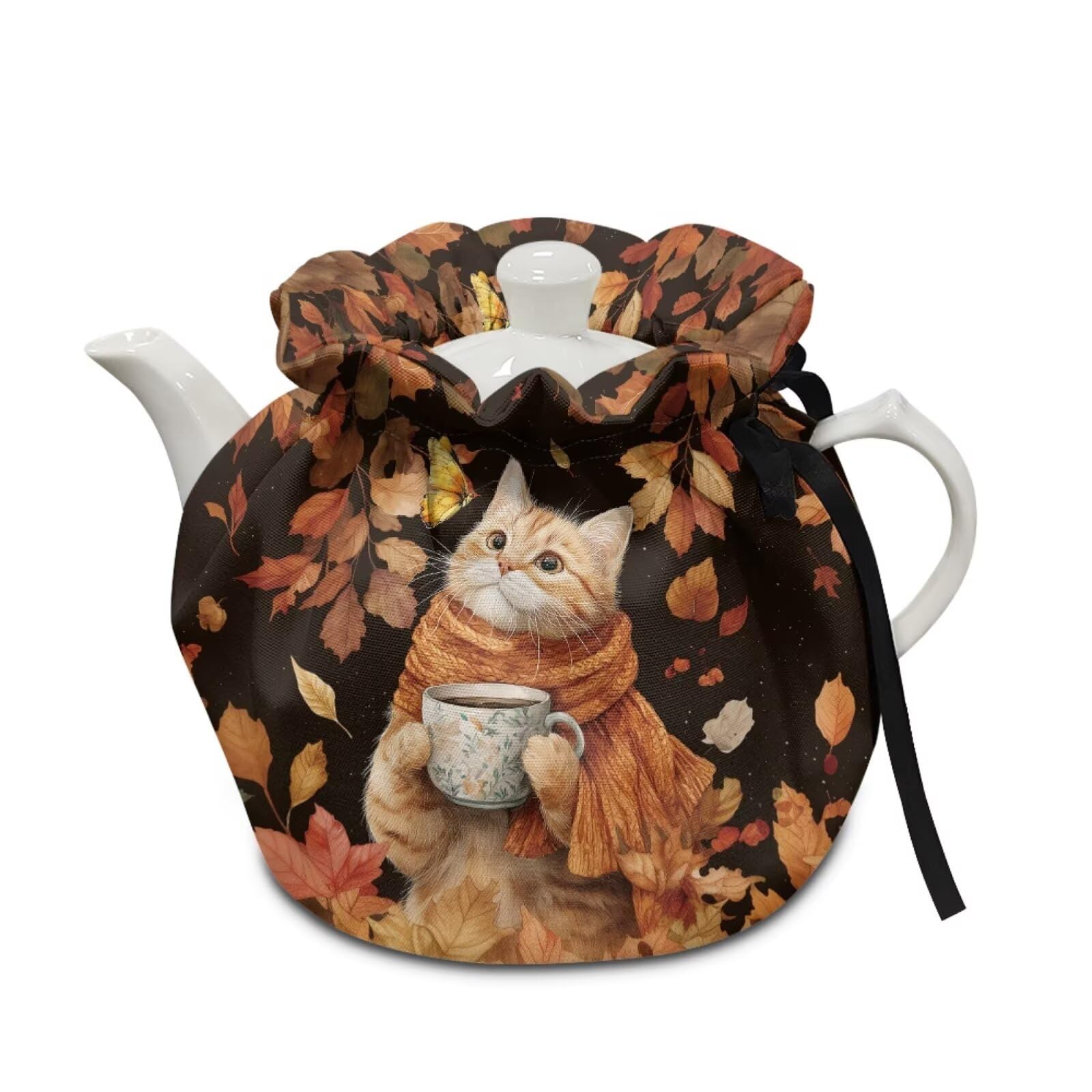 Xoenoiee Cat Fall Leaf Tea Cozy Tea Cosy for Teapots Keep Warm Teapot Cover Insulated Kettle Cover for Home Kitchen Table Decor