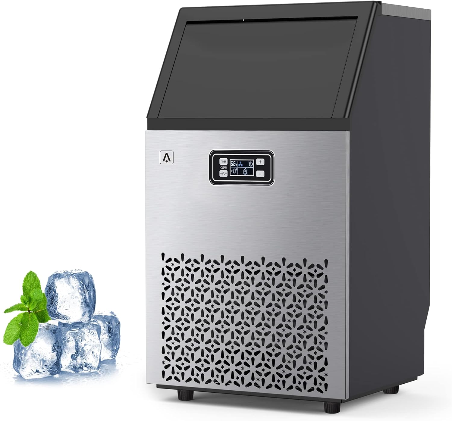 Commercial Ice Maker Machine, Under Counter Ice Maker, 150LBS/24H with 33LBS Ice Storage Bin, Stainless Steel Freestanding Ice Machine with Ice Scoop, Self-Cleaning, for Business and Home Use