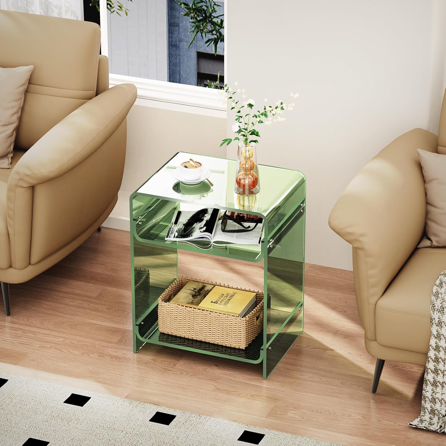 Acrylic End Table Record Player Table with Storage Shelf Clear Side Table Nightstand (15.7x19.7x11.8) (Green)