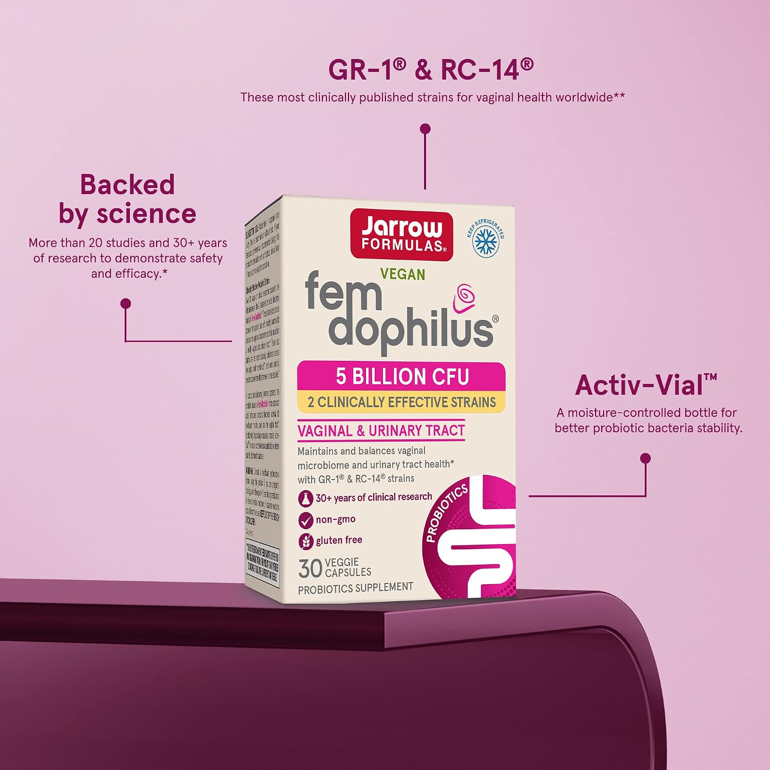 Jarrow Formulas Fem-Dophilus - 5 Billion Organisms Per Serving - 30 Veggie Capsules - Women’s Probiotic - Urinary Tract Health - Up to 30 Servings