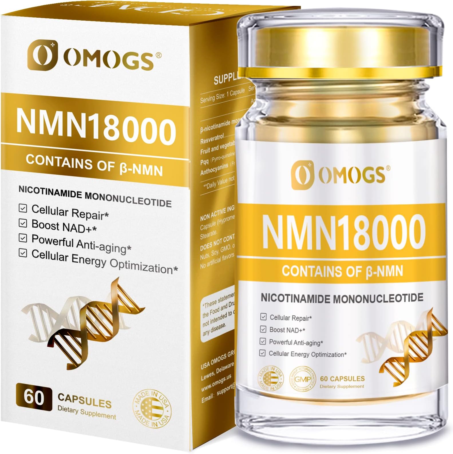 OMOGS NMN 18000, NMN Supplement with Resveratrol,99% High Purity to Boost NAD+ Levels, High Absorption & Stabilized Form for Cellular Optimization,Healthy Aging,Boost Energy