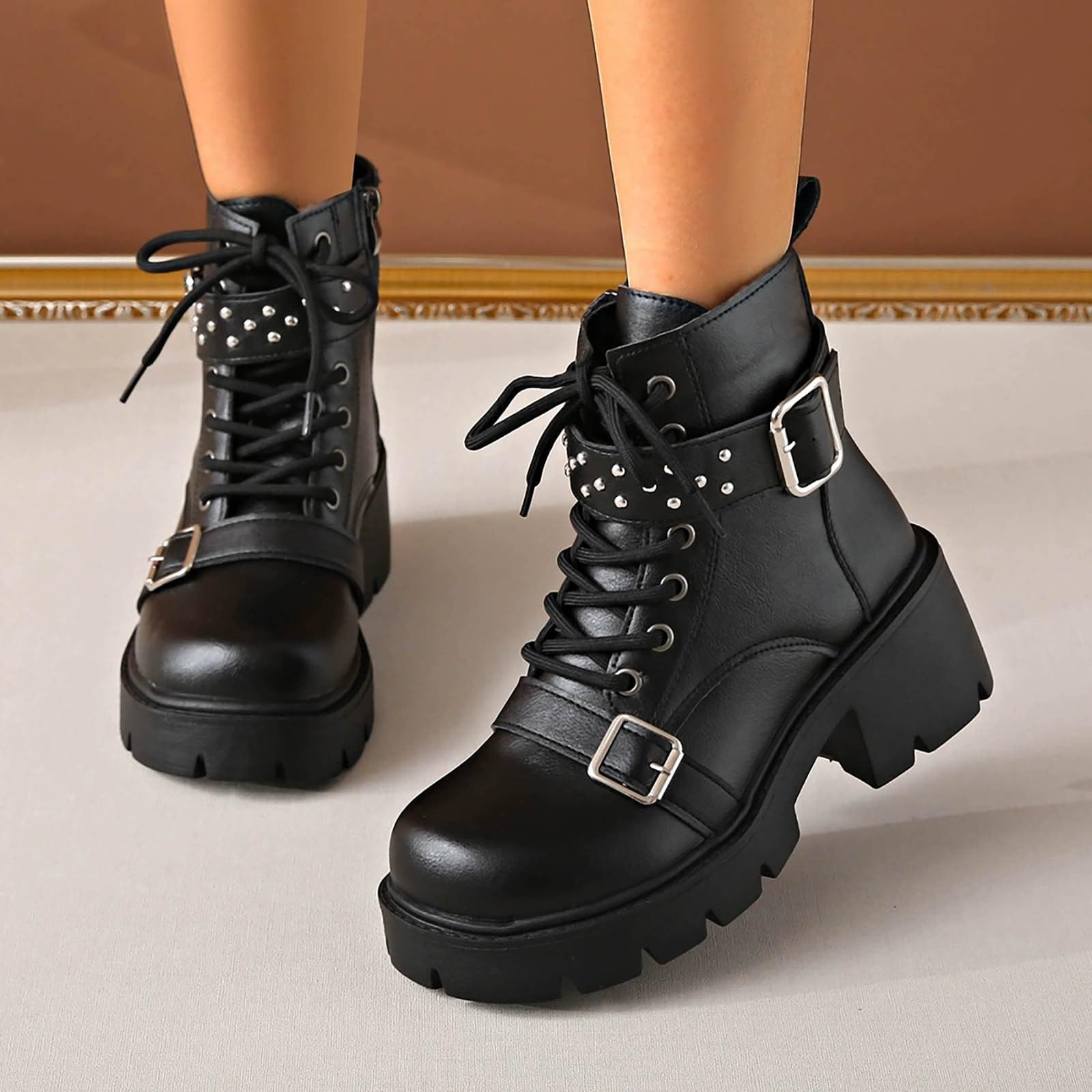 Genérico Botines Mujer Vestir con Cordones Plataforma Botas Punta Redonda Elegantes Zapatos Suaves Cómodos Caminar Bota Casuales Antideslizantes Botin para Otoño Invierno Trabajo Paseo y Uso Diario