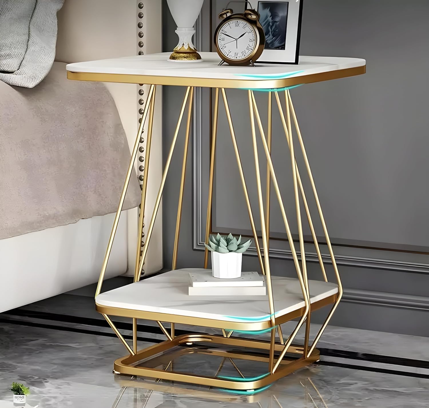 SS CRAFTMAKERS Modern Square Coffee Table with Faux Marble Wooden Top and Golden Metal Frame – Stylish End or Side Table White and Gold