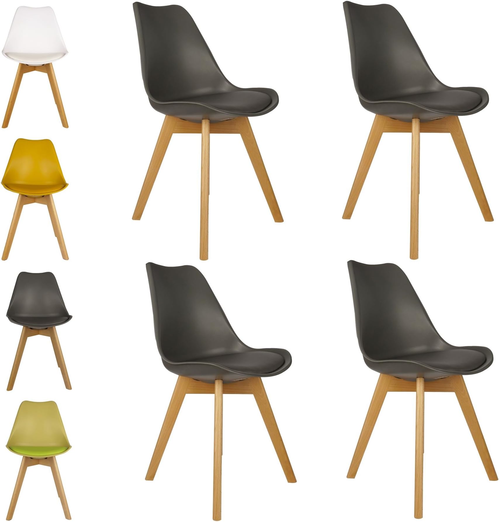Luna Collection Jamie Tulip Inspired Modern Padded Dining Chairs Grey Set of 4 | Solid Beech Wooden Legs, Comfy Cushioned PU Seat, Well Blended Colours & Timeless Retro Design