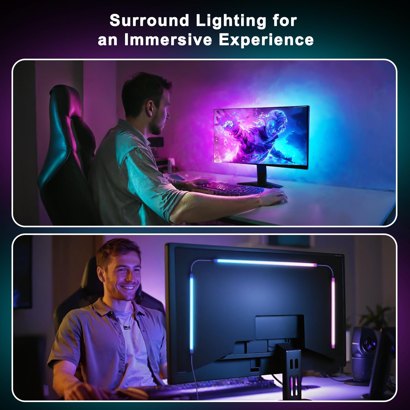 BASON LIGHTING USB Monitor Backlight for 27 inch PC, LED Strip for Monitors, Gaming Monitor Lights, RGB-IC Screen Lights Sync Color LED Strip for Desk Setup Lighting, Music Snyc, Software Control.