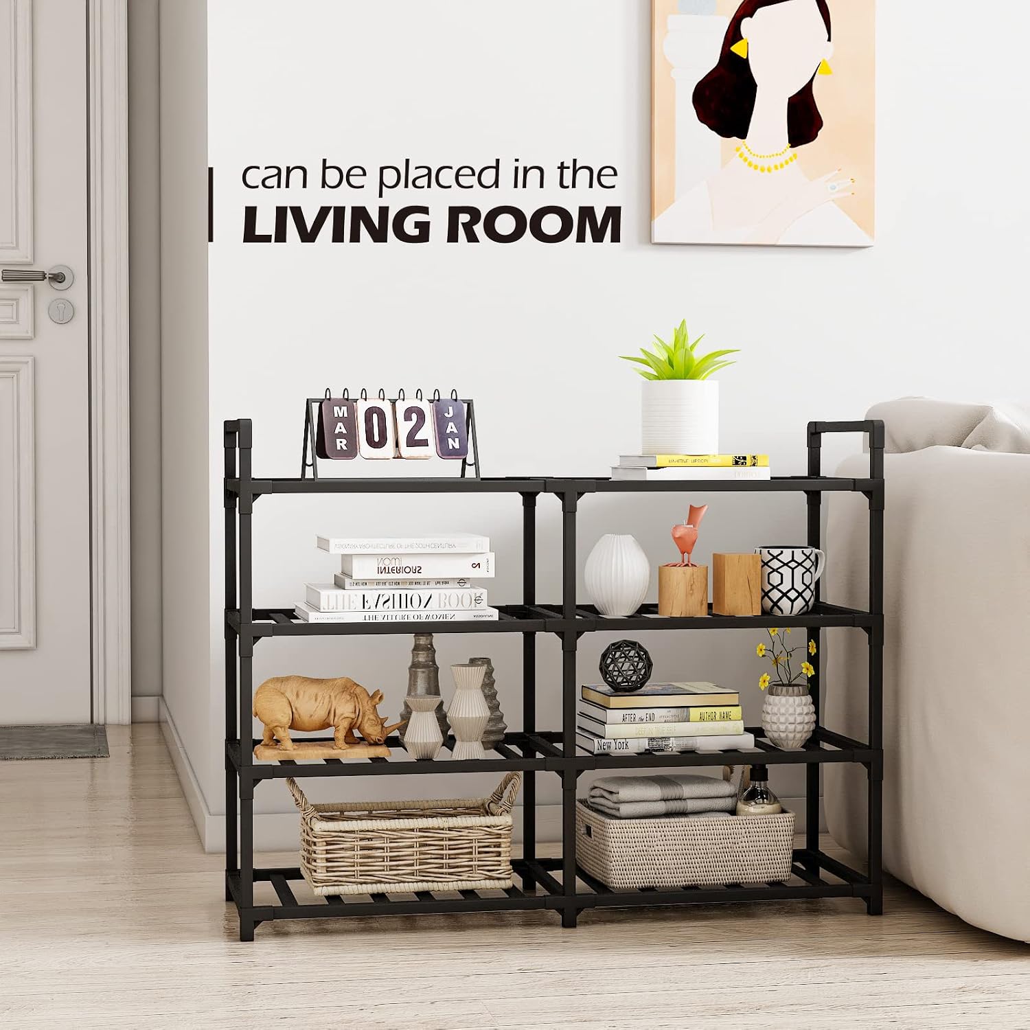 Bambooster 4-Tier Shoe Rack Bamboo Stackable Storage Organizer Shoe Stand Shelf for Closet, Entryway and Hallway (Black)