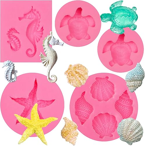 Molde de silicona para fondant de temática marina, 5 unidades, concha, caracola, eahorse, estrella de mar, tortuga, chocolate, para decoración de
