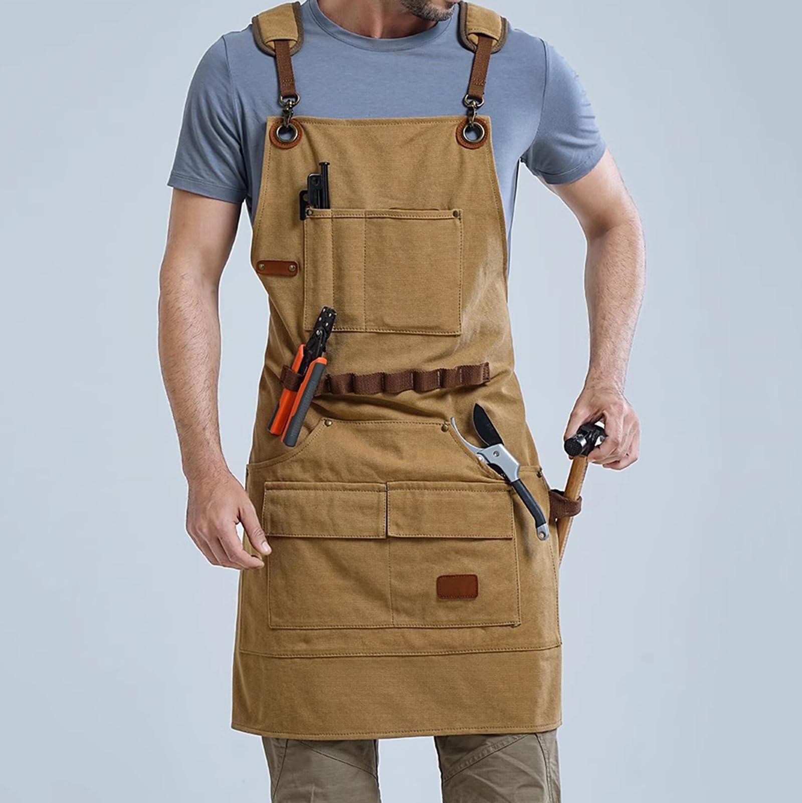 Tabliers De Travail pour Hommes Femmes, Tabliers Toile avec Sangle Réglable Et 7 Poches, Tablier pour Charpentier,Menuisier Beige,One Size