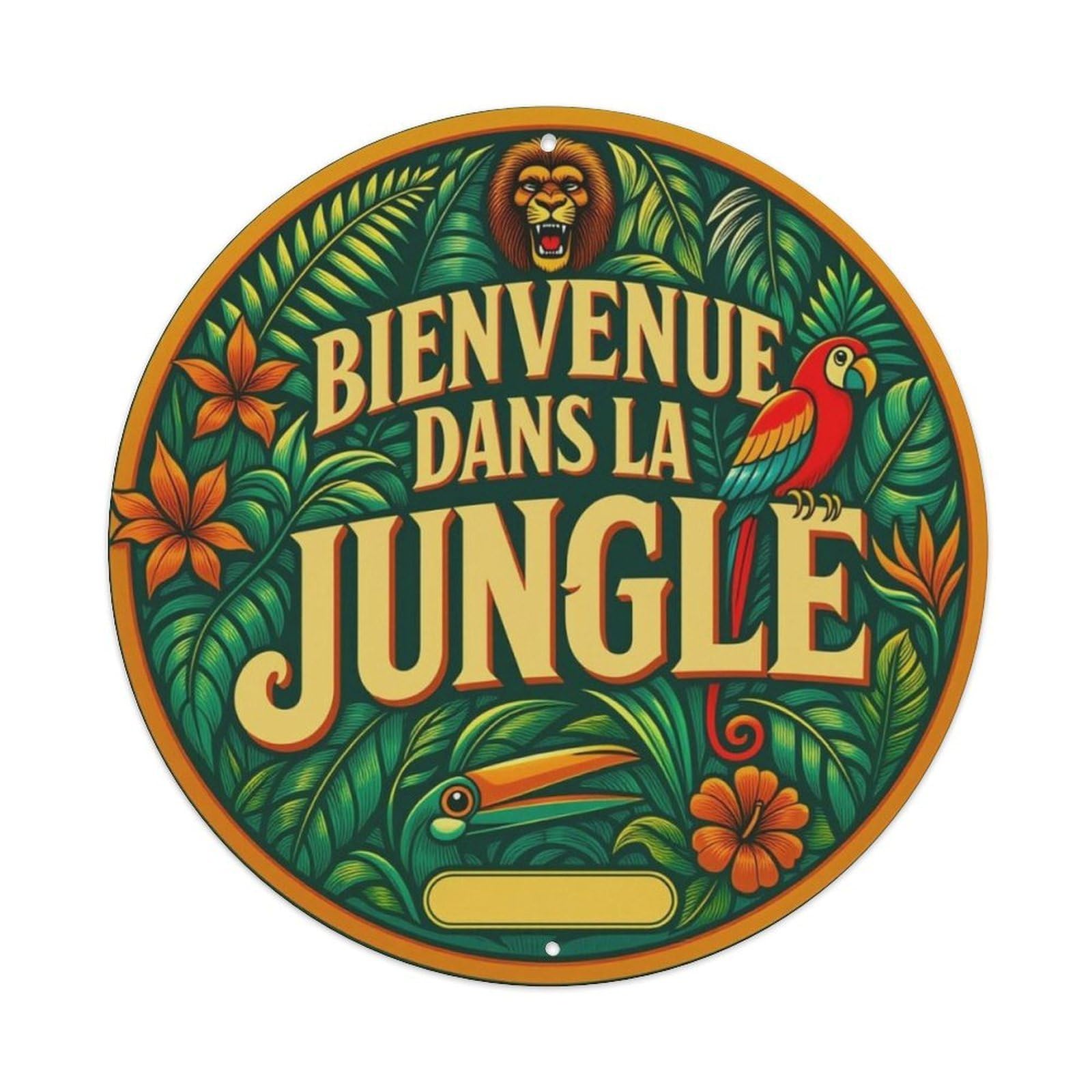 Tropical Jungle Animals French Welcome Round Sign Vintage Aluminium Metal Sign, Retro Wall Decor for Home, Bar, Garage & Farmhouse 20x20cm