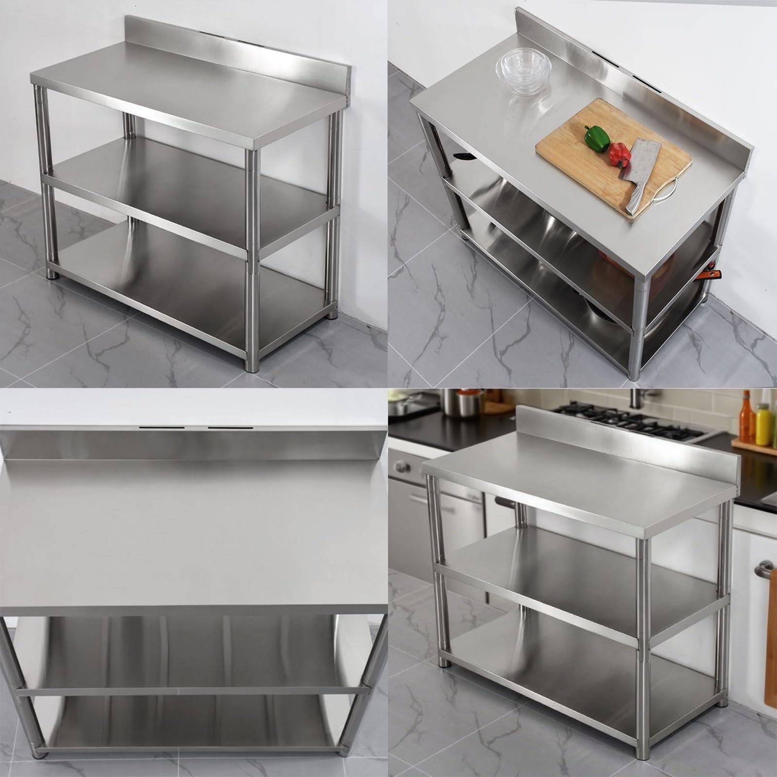 Cucina Ristorante 3 Piani Tavolo da Lavoro Banco da Lavoro in Acciaio Inossidabile Spazzolato Design con Pannello di Protezione E Scanalature Tubi Quadrati Rinforzati per Il Fissaggio