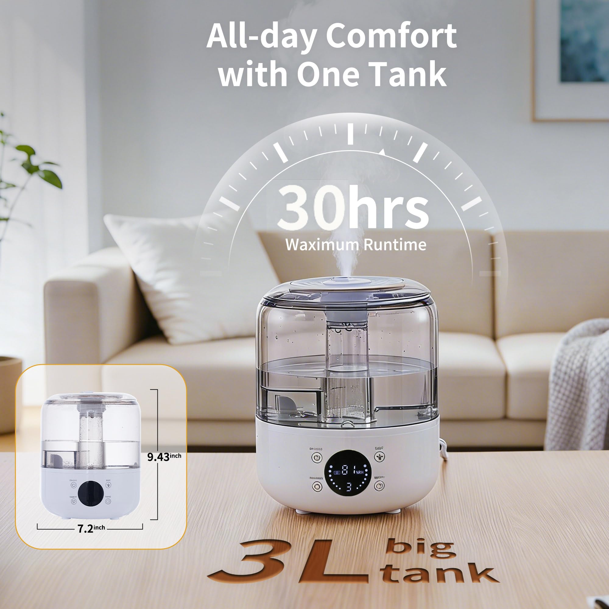 Nawilżacze do sypialni, zbiornik 3 l na 10 h 38 dB cichy czas mgły, światła LED, inteligentny timer (10 godzin), automatyczne wyłączanie, idealne dla niemowląt i dużych pomieszczeń