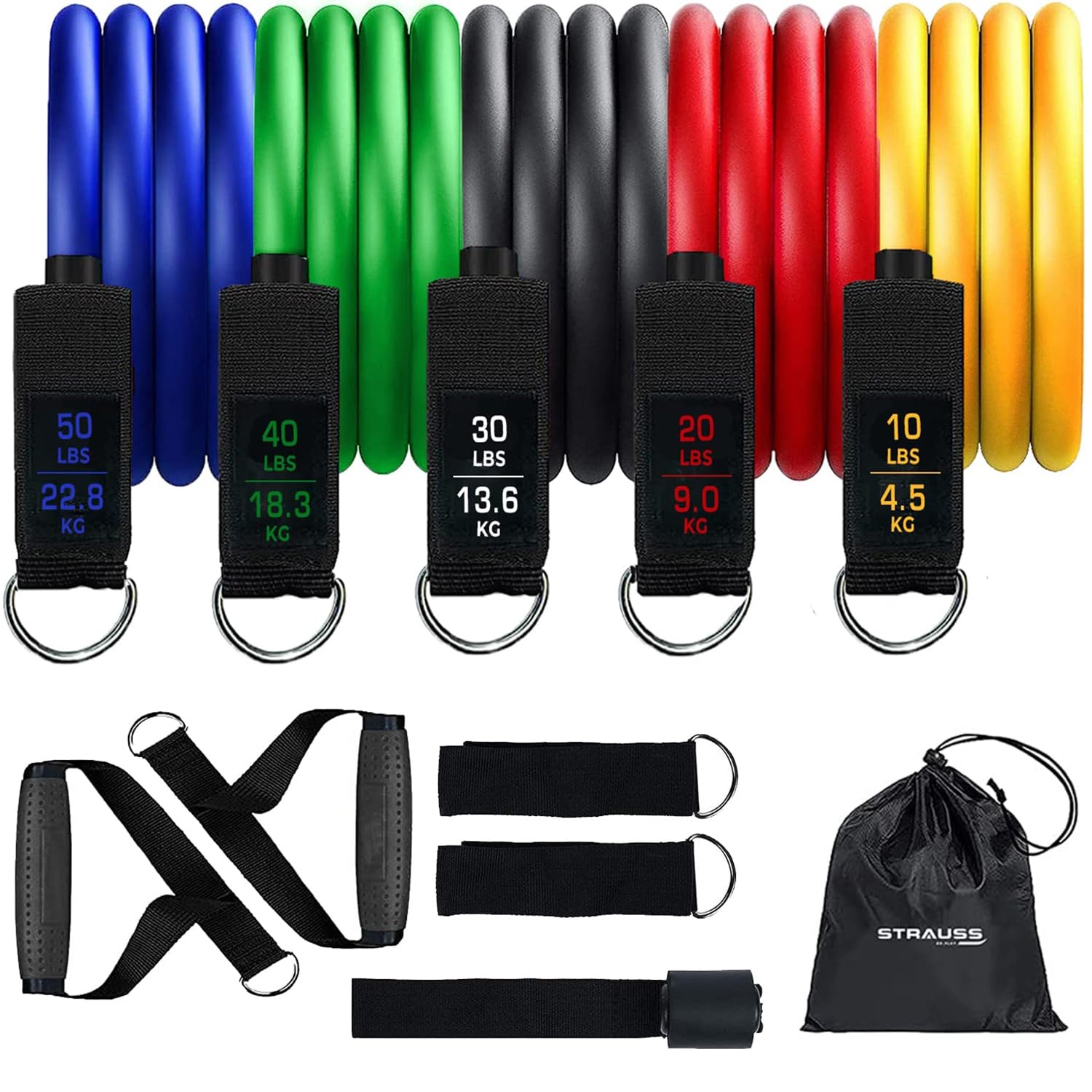 Strauss TPE Resistance Tubes with Door Anchor, Handles, Waterproof Carry Bag, Legs Ankle Straps | Ideal for Resistance Training & Physical Therapy | Exercise Bands for Gym & Home Workouts | Set of 5 (B0B1MYBHSS) Amazon Price History, Amazon Price Tracker