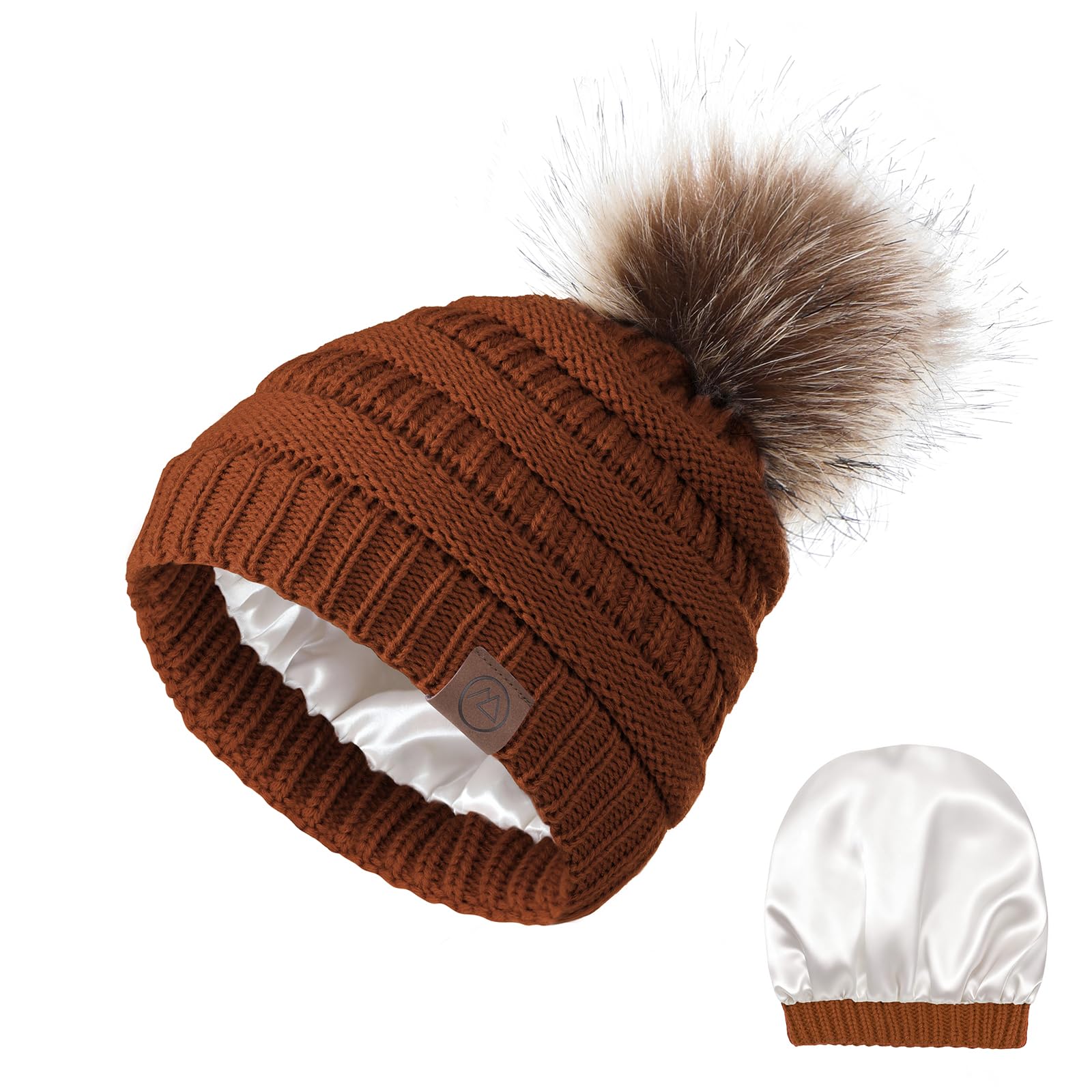 American Trends Gorros de invierno para mujer, gorro holgado con forro de satén con pompón, gorro cálido de punto trenzado para esquí de nieve, Anaranjado Oscuro, Talla única