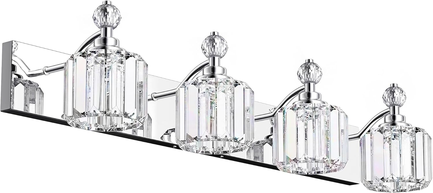 4-light bathroom vanity light - crystal bathroom lighting fixtures over mirror with 60w(max) e12 base, 52pcs crystal sheet, chrome vanity lights for bath room 4 light